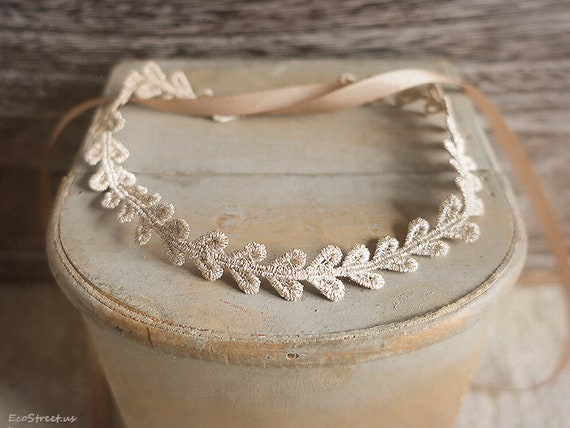Baby Headband, Gold Leaf Lace Baby Crown, Newborn Tieback Girl Photo Prop, RTS, Baptism