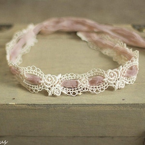 Baby Ivory & Blush Mauve Pink Headband, Baby Lace Headband, Newborn Headband, Baby Girl Photo Prop, Newborn Props, RTS, Vintage Props