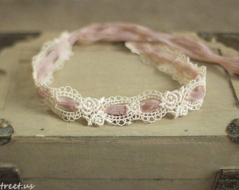 Baby Ivory & Blush Mauve Pink Headband, Baby Lace Headband, Newborn Headband, Baby Girl Photo Prop, Newborn Props, RTS, Vintage Props