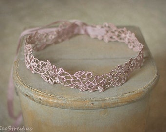 Baby Blush Mauve Tieback, Baby Lace Headband, Newborn Headband, Baby Girl Photo Prop, Newborn Props, RTS, Vintage, Naural