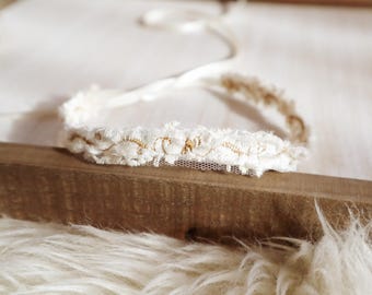 Baby Headband, Cream and gold silk embroidered Headband, Baby Handmade Props, Newborn Baby Girl Photo Prop, Baptism, Christening