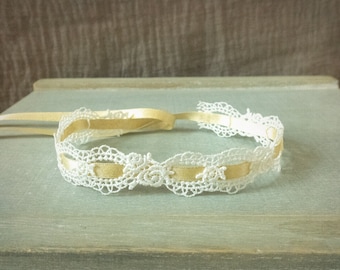 Baby Floral Lace Headband, Baby Off White/Ivory and Gold Lace Headband, Baby Girl Photo Prop, Newborn, RTS, Baptism, Christening Headband