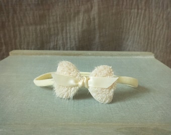 Ivory and Cream Headband, Fuzzy Soft Bow, Newborn Baby Girl Photo Prop, Newborn Props, RTS, Christening, Baptism