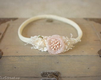 Blush Pink and Ivory Headband, Flower Baby Crown, Newborn Headband, Baby Girl Photo Prop, Newborn Props, RTS, Baby Headband