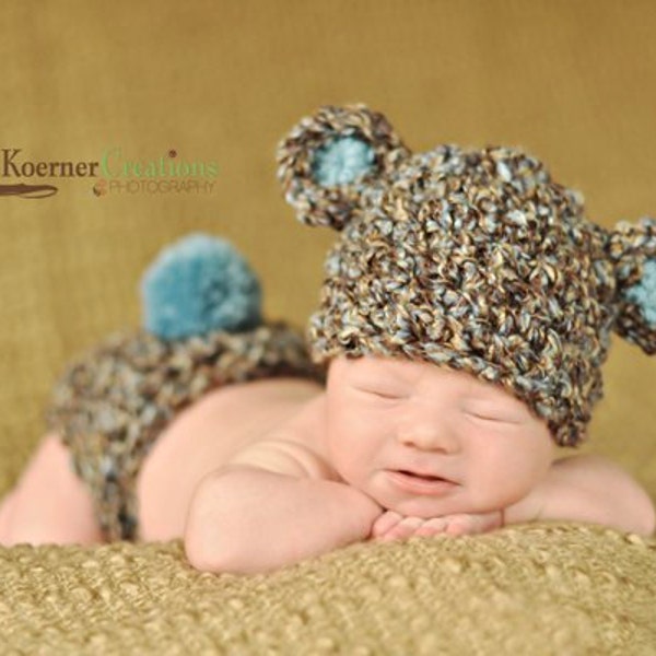 Bear Hat and Diaper Cover Set, Newborn Baby Boy Brown, Blue and Tan Bear Hat and Diaper Cover Crochet Set, Baby Girl Set, Pink, Photo Prop