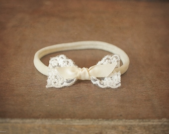 Ivory and Cream Headband, Lace Bow, Newborn Headband, Baby Girl Photo Prop, Newborn Props, RTS, Baby Headband