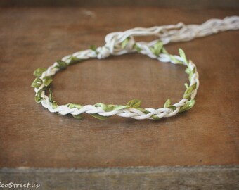 Baby Headband, Baby Green Leaf Crown, Baby Girl Halo, White Green Leaves Newborn Headband Photo Prop, Newborn Props, RTS Organic Props