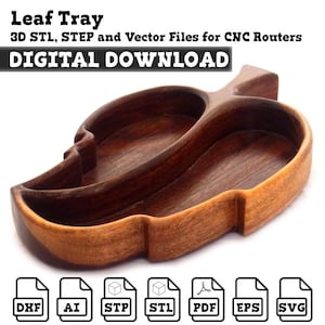 Könnte beinhalten: Ein hölzernes Tablett in Blattform mit zwei Fächern, hergestellt aus dunkelbraunem und hellbraunem Holz. Der Text "DIGITAL DOWNLOAD" wird über dem Tablett angezeigt. Symbole für DXF-, AI-, STP-, STL-, PDF-, EPS- und SVG-Dateien.