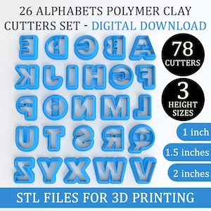 Puede incluir: Un conjunto de 26 cortadores de arcilla polimérica con alfabeto azul. El conjunto incluye 78 cortadores en total, con 3 tamaños de altura: 2,5 cm, 3,8 cm y 5,1 cm. El texto "STL FILES FOR 3D PRINTING" está en la parte inferior.