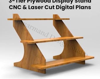 May include: A three-tiered plywood display stand with a natural wood finish. The stand is CNC and laser cut, with a unique angled design. Text on the image reads: "3-Tier Plywood Display Stand CNC & Laser Cut Digital Plans."