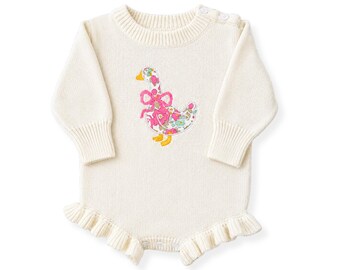 Personalized Baby Girl Knit Romper with Floral Goose Appliqué