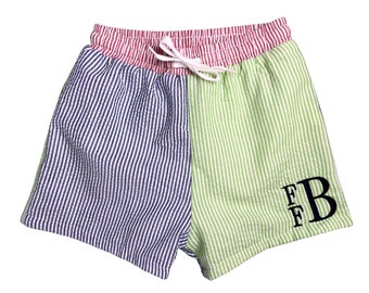 Baby or Toddler Boys Colorblock Seersucker Swim Trunks or Swimsuit for a Beach or Tropical Vacation, Personalize with a Name or Monogram