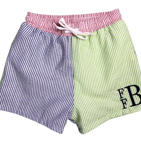 Baby or Toddler Boys Colorblock Seersucker Swim Trunks or Swimsuit for a Beach or Tropical Vacation, Personalize with a Name or Monogram