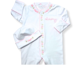 Hand Embroidered Floral Baby Footie and Hat Set: Personalized Organic Cotton