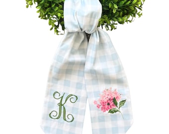Personalized Blue and White Check Wreath Sash with Embroidered Initial and Pink Hydrangea