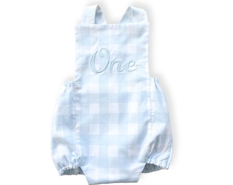 Blue Gingham First Birthday Bubble Romper Outfit for Baby Boy with Personalization Choice of Embroidered “One”, Name or Monogram
