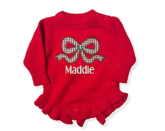 Baby Girl Personalized Christmas Red Knit Romper with Gingham Bow Applique