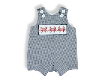 Baby Boy Faux Smocked Trio of Crab Embroidered on a Seersucker Shortall, Jon Jon, John John, Romper