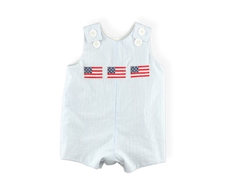 Patriotic Blue Seersucker Shortall Romper with Embroidered American Flags