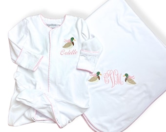 Personalized Baby Girl Duck Footie and/or Blanket Gift Set with Pink Picot Trim – 100% Cotton Comfort