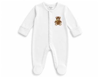 Personalized Teddy Bear Footie | Cross Stitch Style Baby Gift