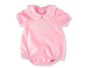 Pink Peter Pan Collar Bubble Romper for Baby Girl with Ric Rac Detailing, Embroidered Satin and Pearl Bows - Can be Personalized