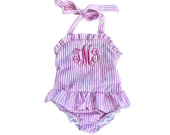 Personalized Pink Seersucker One Piece Swimsuit/Bathing Suit for Baby/Toddler Girl, Monogram or Name Embroidery, Beach,Pool, Summer Photos,