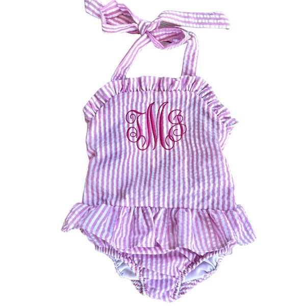 Personalized Pink Seersucker One Piece Swimsuit/Bathing Suit for Baby/Toddler Girl, Monogram or Name Embroidery, Beach,Pool, Summer Photos,