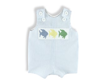 Baby Boy Faux Smocked Trio of Fish Embroidered on a Seersucker Shortall, John John, Romper