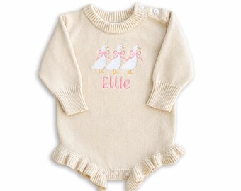 Personalized Goose Baby Girl Knit Romper | Shower Gift | Coming Home Outfit