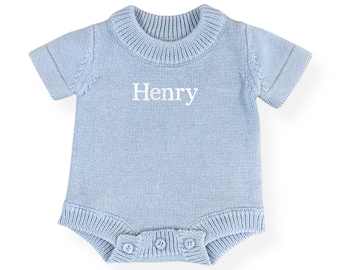Personalized Baby Boy Short Sleeve Knit Romper with Embroidered Monogram or Name