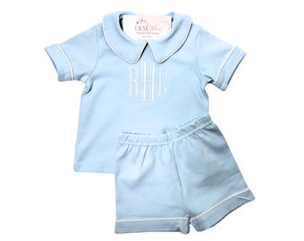 Personalized Baby Boy Outfit – Light Blue Shorts Set with White Piping, Monogram or Name, Baby Shower Gift, First Birthday Outfit