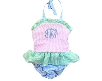 Personalized Toddler Seersucker Swimsuit – Monogrammed Ruffle One-Piece for Girls