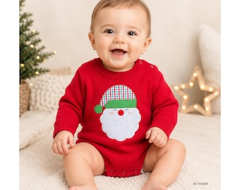 Personalized Santa Knit Romper, Baby Boy Holiday Outfit, First Christmas Gift