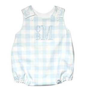 Blue and White Check Bubble Romper for Baby Boy, 1st Birthday Cake Smash, Plaid Easter Outfit, Custom Shower Gift, Personalized, Monogram