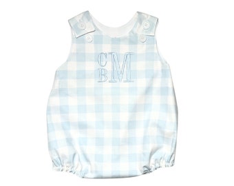 Blue and White Check Bubble Romper for Baby Boy, 1st Birthday Cake Smash, Plaid Easter Outfit, Custom Shower Gift, Personalized, Monogram