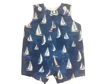 Sailboat Baby Boy Romper Personalized with Monogram or Name Shortall Custom Nautical Shower Gift Overall Outfit for 1st Birthday
