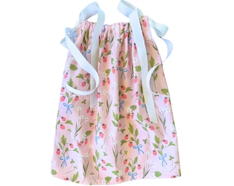 Baby and Toddler Girl Handmade Strawberry Print Sundress with Shoulder Ribbon Ties