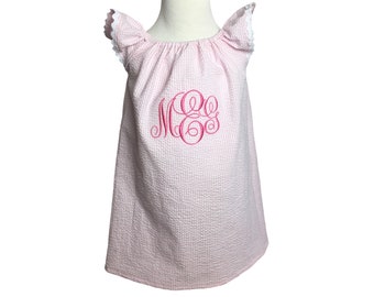 Baby or Toddler Pink Seersucker Angel Dress, Flutter Sleeve, Summer or Beach Pictures