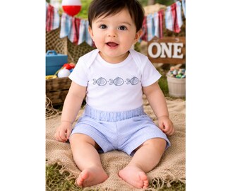 Trio of Fish Bodysuit and Matching Seersucker Shorts  - 1st Birthday, Baby Shower Gift