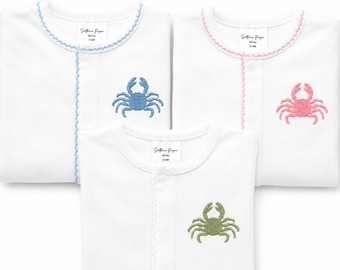Personalized Crab Footie, Coastal Newborn Gift, Monogrammed Sleeper, Gender-Neutral Keepsake
