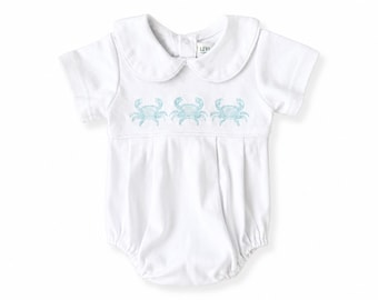 Classic Knit Baby Boy Bubble with Embroidered Crabs and Peter Pan Collar