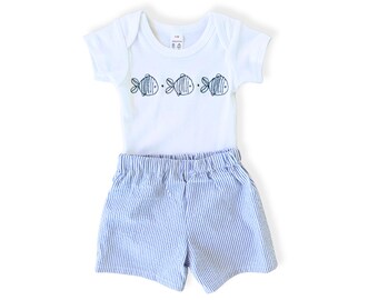 Baby Boy Fish Embroidered Bodysuit and Blue Seersucker Shorts