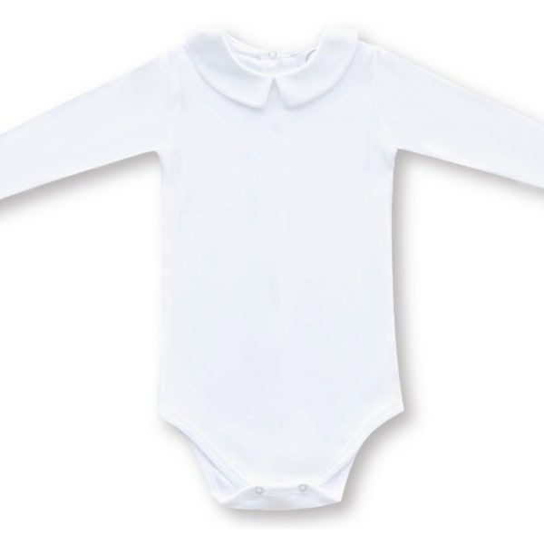 Boys White Peter Pan Collar LS Bodysuit (Buttons in Front) main image 1