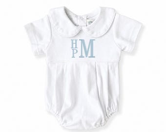 Personalized Baby Boy Bubble Romper, Monogrammed Cotton Peter Pan Collar Outfit