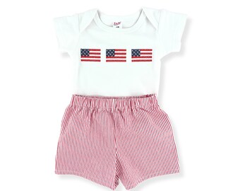 Patriotic American Flag Bodysuit and Seersucker Shorts Set