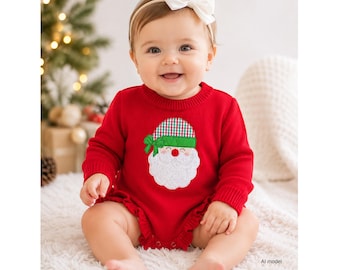 Personalized Baby Girl Christmas Romper, Red Knit Santa Outfit, Monogrammed Holiday Gift
