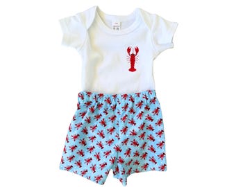 Baby Boy Lobster Embroidered Bodysuit and Shorts Set, Summer Beach Outfit