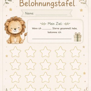 Puede incluir: Una tabla de recompensas con un león, hojas botánicas y estrellas doradas. El texto dice Meine Belohnungstafel, Name, Mein Ziel, Wenn ich Sterne gesammelt habe, bekomme ich, y Du schaffst das. Incluye veinte contornos de estrellas vacíos.