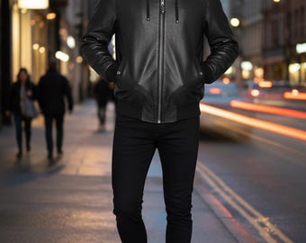 Black Leather Hood Jacket, Streetwear Winter Coat, Biker Hoody, Perforated Hooded Jacket